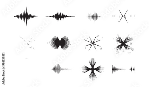 Audio waveform icon set with sound frequency and signal visualization shapes