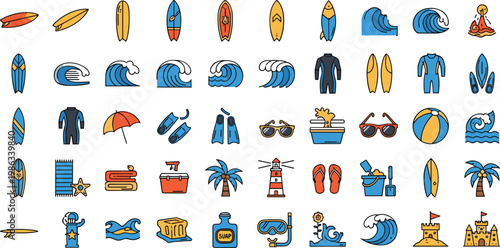 Set of beach surfing and summer vacation elements flat line art icons on white background