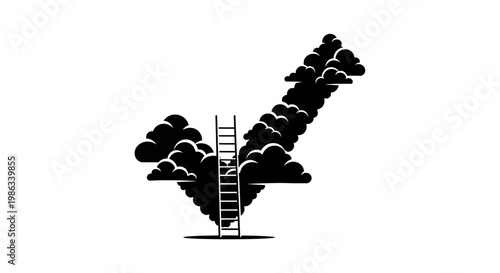 Black and white illustration of a ladder leading to clouds.