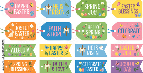 Set of colorful easter banners with festive messages, flowers, and eggs, spring holiday theme