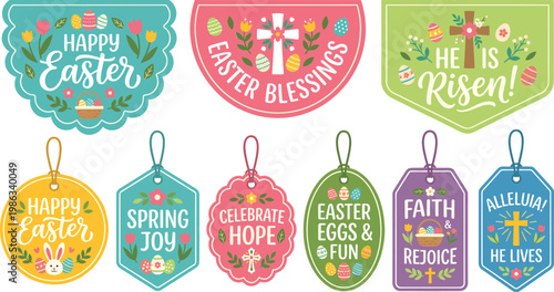 Set of easter vector gift tags and labels for spring holiday celebration with cute bunnies and eggs