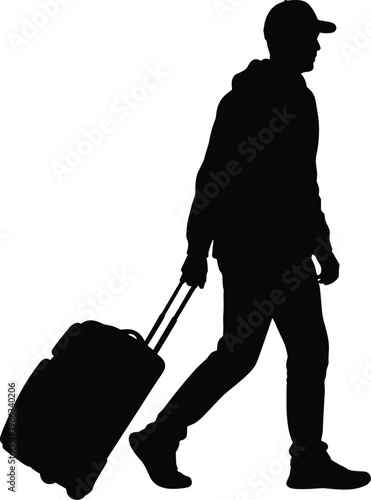 Silhouette of man walking with luggage suitcase for travel journey and business trip transportation