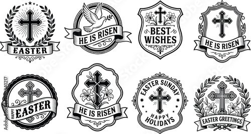 Set of vintage easter religious emblems and labels with christian cross and floral decorative motifs