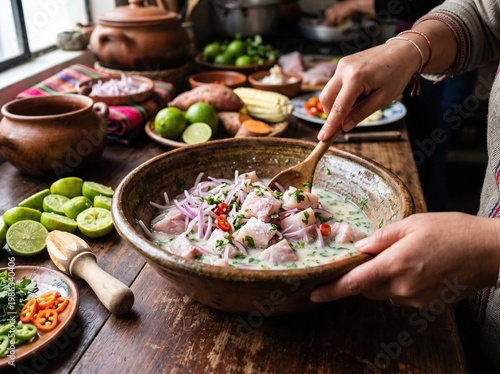 Peruvian Ceviche Preparation Bowl with Lime Curing Process