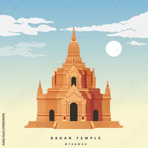 Bagan Buddhist temples and pagodas in Myanmar - Burma - Stock Illustration