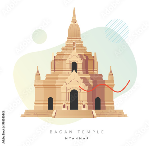 Bagan Buddhist temples and pagodas in Myanmar - Burma - Stock Illustration