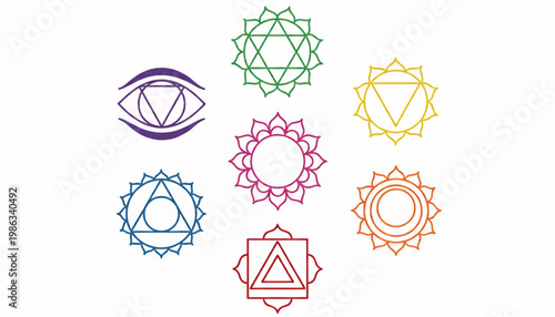 Lotus chakra icons set with geometric outline eyes and triangular symbol in multicolor spiritual style