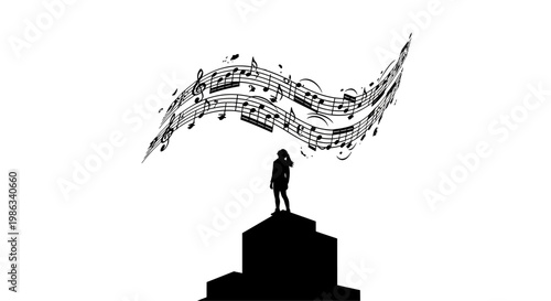 a man standing on a pedestal with music notes floating above.