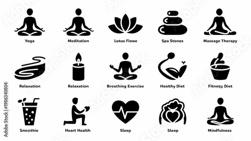 Wellness & Self Care Solid Icon Set  Yoga, Spa, Relaxation & Healthy Lifestyle Collection