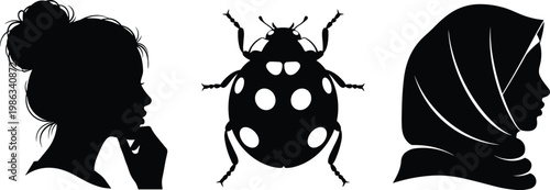 Silhouette of a Thinking Woman with Bun, a Detailed Ladybug Beetle, and a Profile of a Muslim Woman Wearing a Hijab