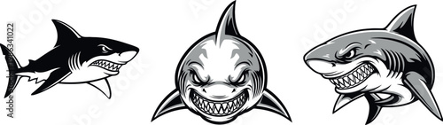 
Fierce Shark Mascot Head Set in Silhouette and Color Styles for Sports Team Logo, Badge, Ocean, and Aggressive Animal Graphic Design Projects