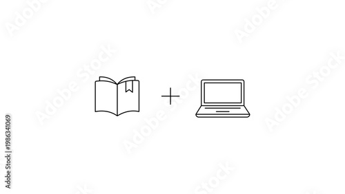 Blended learning vector icon illustration featuring a minimalist black line drawing of an open book and a laptop computer with a plus sign on a white background for digital education concepts.