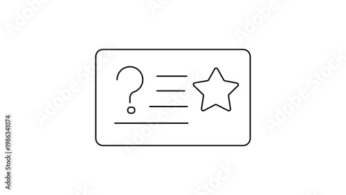 Minimalist black line vector icon illustration of a flash card or index card with a question mark, text lines, and a star, ideal for educational study, learning tools, and memory aid concepts