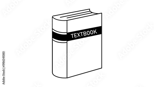 Minimalist black line vector icon illustration of a thick hardcover textbook with the word TEXTBOOK on the cover, isolated on white background, ideal for education, school, and study designs.