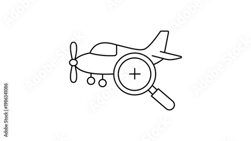 Minimalist black line vector icon illustration of a small propeller airplane with a magnifying glass zoom symbol, representing pilot testing, aircraft inspection, flight search, or aviation.