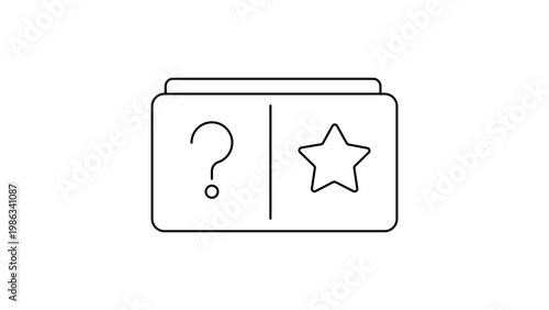 Minimalist black line vector icon of a flash card on a white background, featuring a question mark and a star symbol, ideal for education, study, learning, memory training, and school applications.