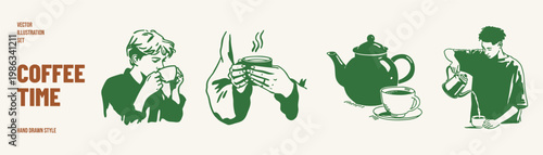 Tea kettle cups and people enjoying warm drinks. Illustrations for beverage packaging and lifestyle visuals. Hand drawn sketch style drawing with soft lines.