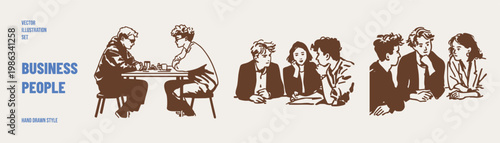 Business team meeting discussion negotiation collaboration people. Illustrations for corporate communication and teamwork visuals. Hand drawn style drawing with natural interaction scenes.