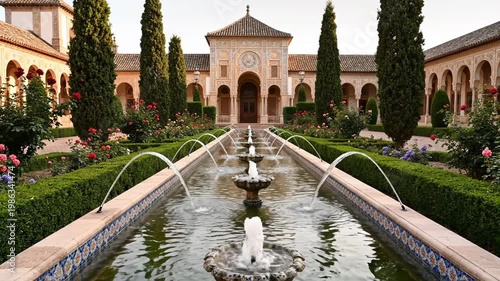 Beautiful Alhambra Palace Gardens with Fountains and Architecture.