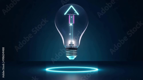 紺のスタジオで矢印フィラメントが上昇を示すコンセプト電球