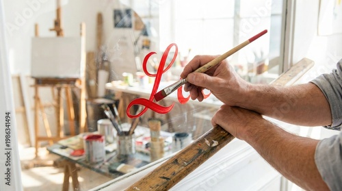 Sign painter hands holding a wooden maul stick and using a brush to paint red cursive lettering on a glass window