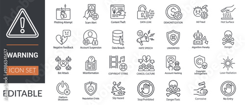 Warning Icon Set – Cybersecurity, Risk, and Hazard Line Icons Collection