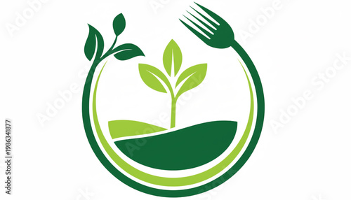 Plant leaf eco fork icon with green circular outline for sustainable dining and vegetarian lifestyle branding