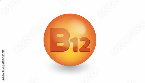 Badge icon with B12 label in orange circular design for medical or vitamin supplement graphics featuring logo, number 12, healthcare with nutrition