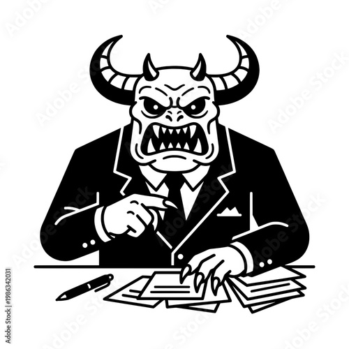 devil boss at desk with papers line drawing illustration vector clipart black and white