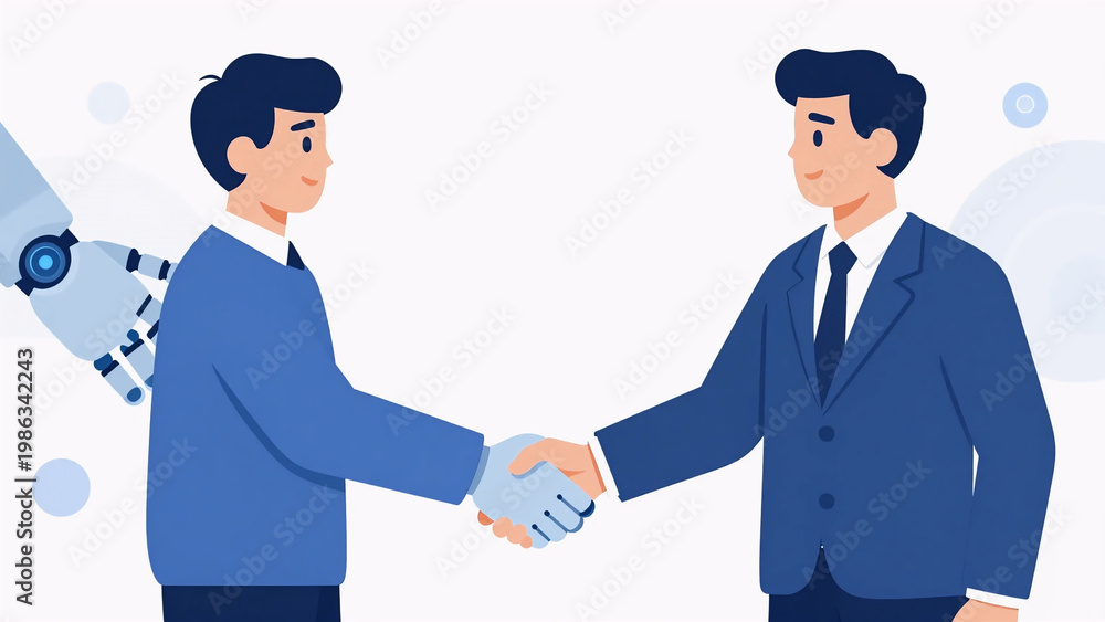 Fototapeta premium AI Integration and Human-Robot Collaboration in Business - Flat Vector Illustration
