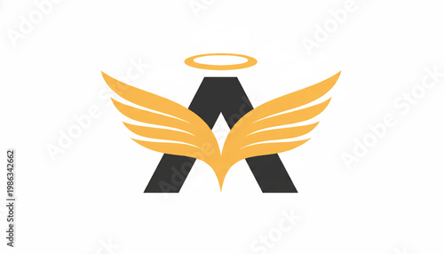 Wings logo icon with golden feather lines above a black letter A symbol featuring emblem, alphabet, gold with orange and halo elements for circle