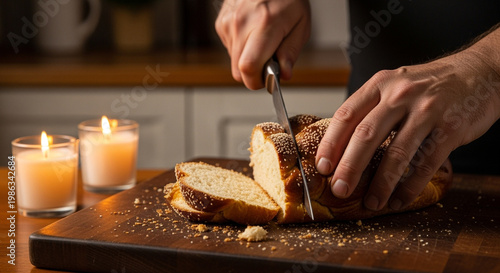 Braided challah bread being sliced with a knife on wooden board