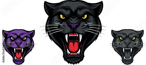 Fierce Roaring Panther Head Mascot Set in Black, Purple, and Dark Color Styles for Sports Team Logo, Badge, and Aggressive Wild Animal Graphic Design Projects