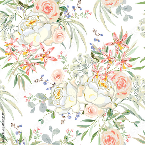 Roses, orchid flowers, leaves, greenery, white background. Floral illustration. Vector seamless pattern. Botanical design. Summer garden bouquets