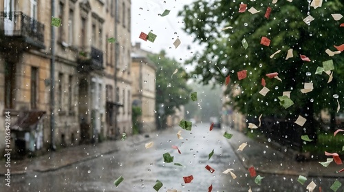 Rain and Colorful Confetti Falling in European City Street for Romantic Urban Celebration and Rainy Day Festive Atmosphere with Historic Buildings and Soft Daylight Background Scene