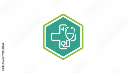 Medical health care icon with stethoscope and pharmacy cross inside a hexagon for healthcare and insurance use