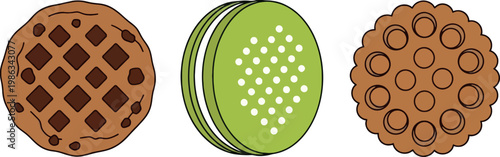 Cartoon Cookie and Biscuit Set with Chocolate Chip, Green Cream Sandwich, and Oat Round Varieties for Food, Snack, Bakery, and Menu Graphic Design Projects