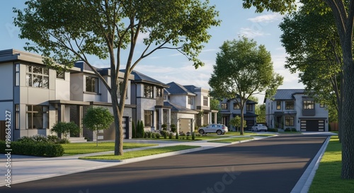 Modern Townhouses on a Sunny Day with Green Lawns and Mature Trees on a Suburban Street