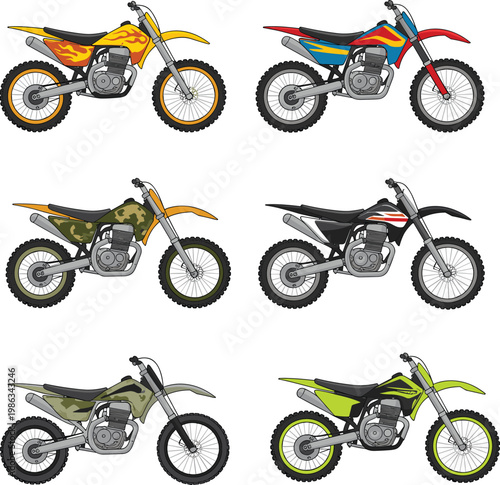 Custom dirt bike illustration, colorful motorcycle design, extreme sports artwork, camouflage and flame pattern bikes, modern off road vehicle drawing