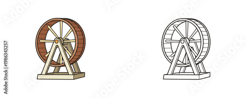Exercise wheel in flat cartoon and black line style brown and beige colors represents rodent activity equipment for fitness and energy release isolated on white background