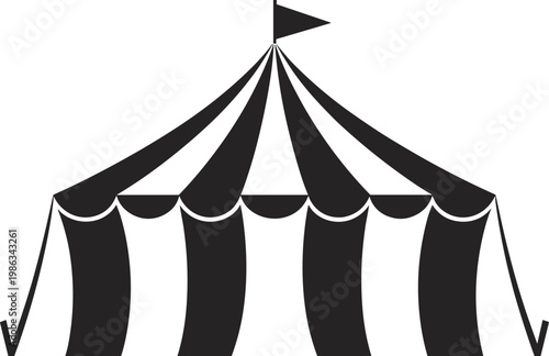 Classic circus tent illustration, black and white carnival design, festive entertainment symbol, vintage fairground art, playful striped marquee drawing, performance icon