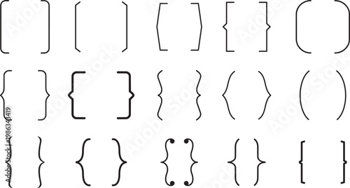 Bracket collection: An organized assortment of diverse brackets, meticulously arranged, presenting various forms and styles, ideal for a design, coding or mathematical purpose. png