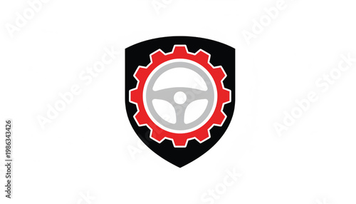 Shield with red gear and gray steering wheel icon for automotive safety engineering and protection concept