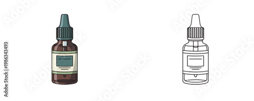 Dropper bottle in flat cartoon and black line style brown and teal colors represents medical or cosmetic container for liquid medicine or essential oil isolated on white background