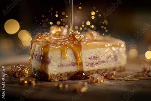 Macro shot of pouring golden syrup on a delicious cheesecake slice with berry layer. Sparkling bokeh background, gourmet dessert photography with focus on texture and flow