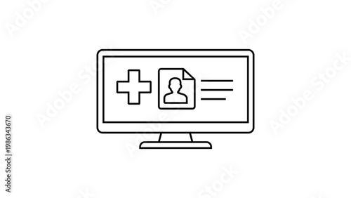 Minimalist black line vector icon illustration of an Electronic Health Record EHR system on a computer monitor featuring a medical cross and patient profile document on a white background.
