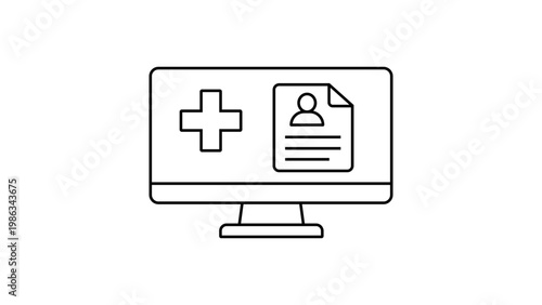 EHR System minimalist black line vector icon on a white background representing a computer monitor with a medical cross and patient profile document for healthcare, digital medicine, and records.