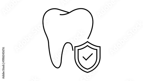 Minimalist black line vector icon illustration of a tooth with a protective shield and checkmark, representing dental insurance, oral health coverage, hygiene protection, and professional care.