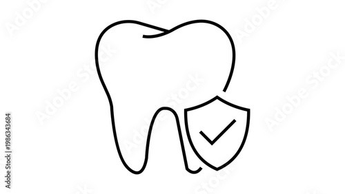 Minimalist black line vector icon illustration of a tooth with a protective shield and checkmark, representing dental insurance, oral health care, hygiene, and professional dentistry services.