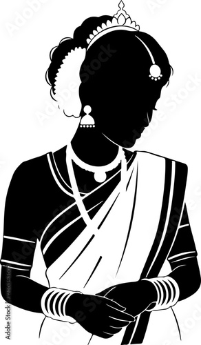 Traditional indian woman in saree silhouette with jewelry and hair.